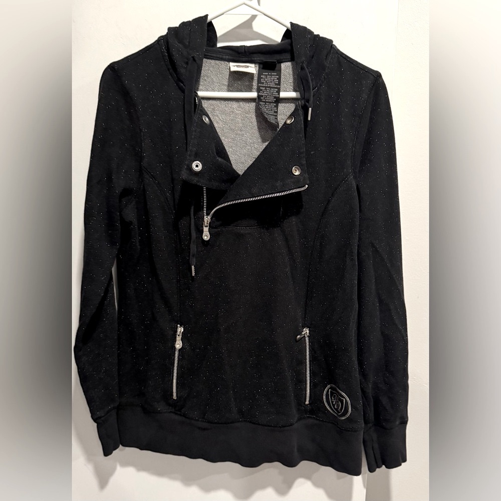Harley Davidson zip-up moto hoodie pull over black metallic monogram Y2K fitted